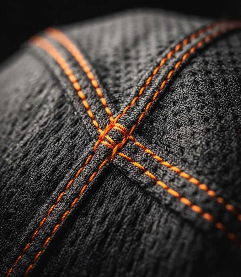 Macro shot of high-contrast orange stitching on a dark charcoal football jersey, dramatic studio rim lighting highlighting fabric texture