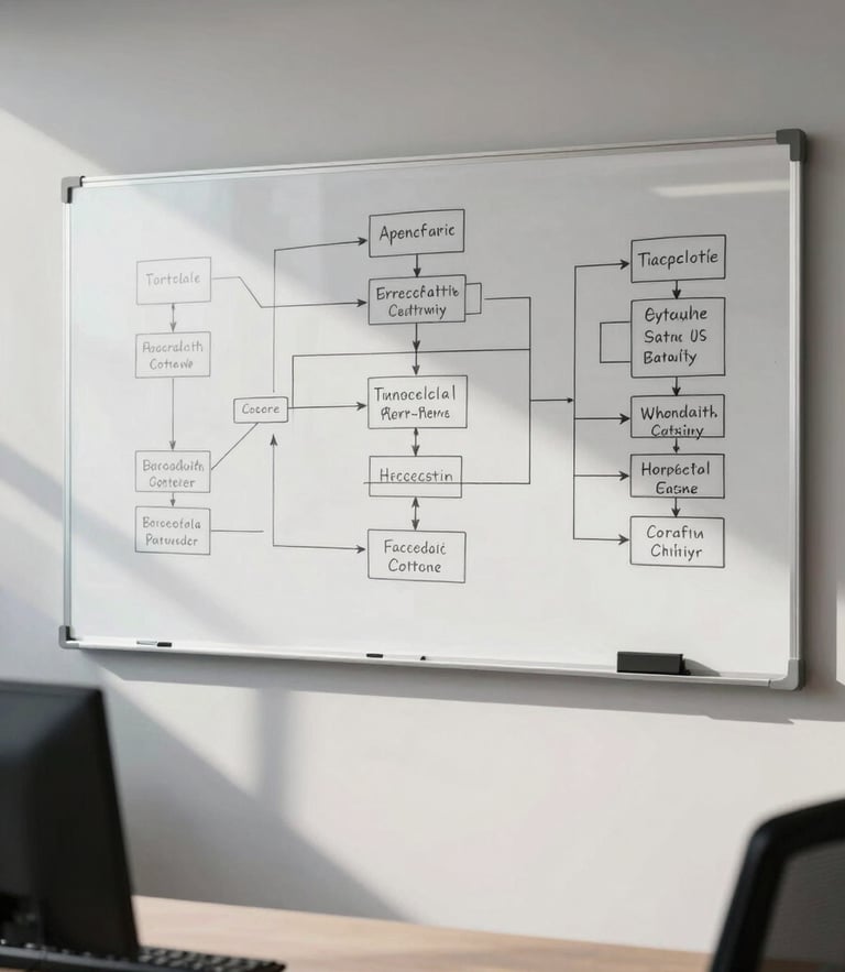 A clean, modern war-room environment with natural office daylight. A whiteboard in the background shows a detailed, hand-drawn system architecture flowchart with technical annotations. No models.