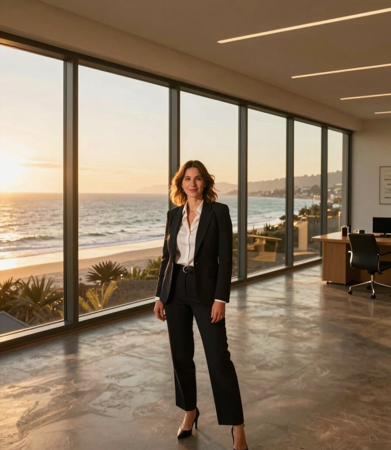 A professional environmental portrait of a real estate agent in a modern coastal office with large windows, warm golden-hour light, ocean view in the background, wide-angle lens