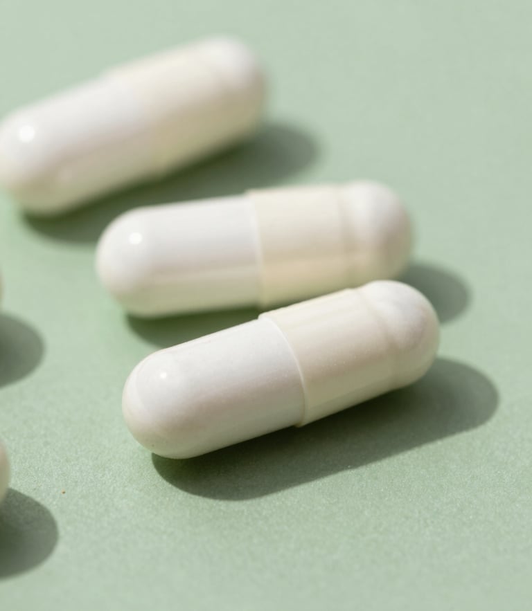 Macro photograph of clean white supplement capsules on a minimalist sage green surface, sharp clinical daylight, 35mm