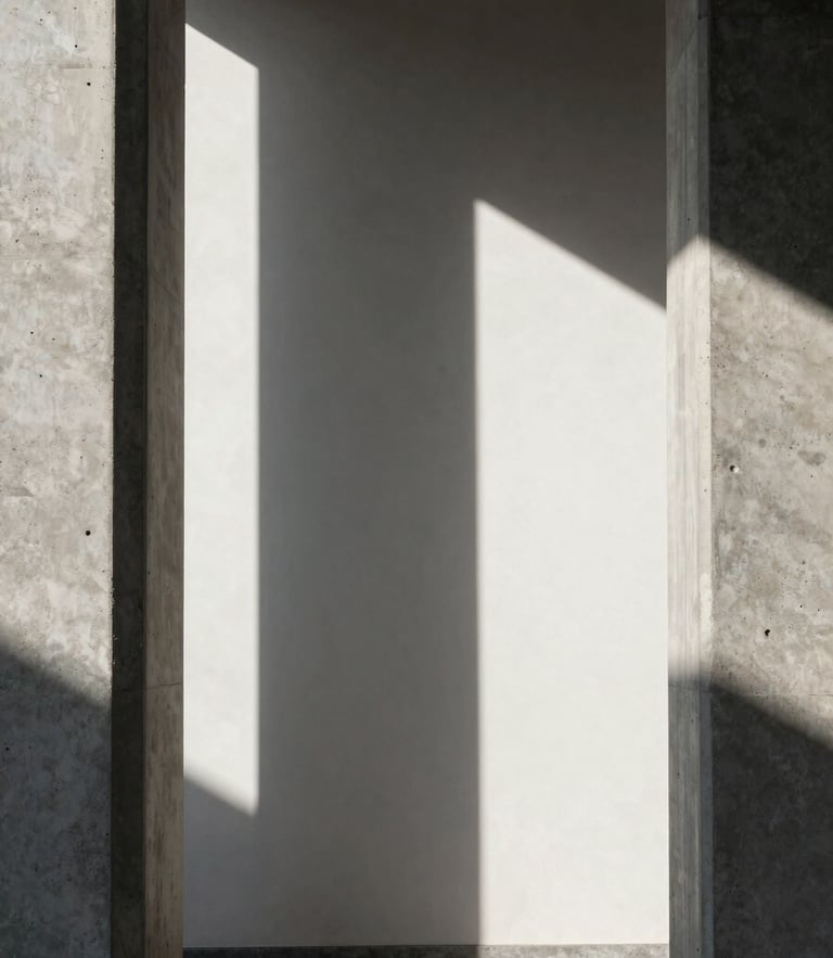 Perfectly centered architectural shot of concrete pillars casting sharp, geometric shadows on a white wall, high-contrast directional natural light, minimalist composition.