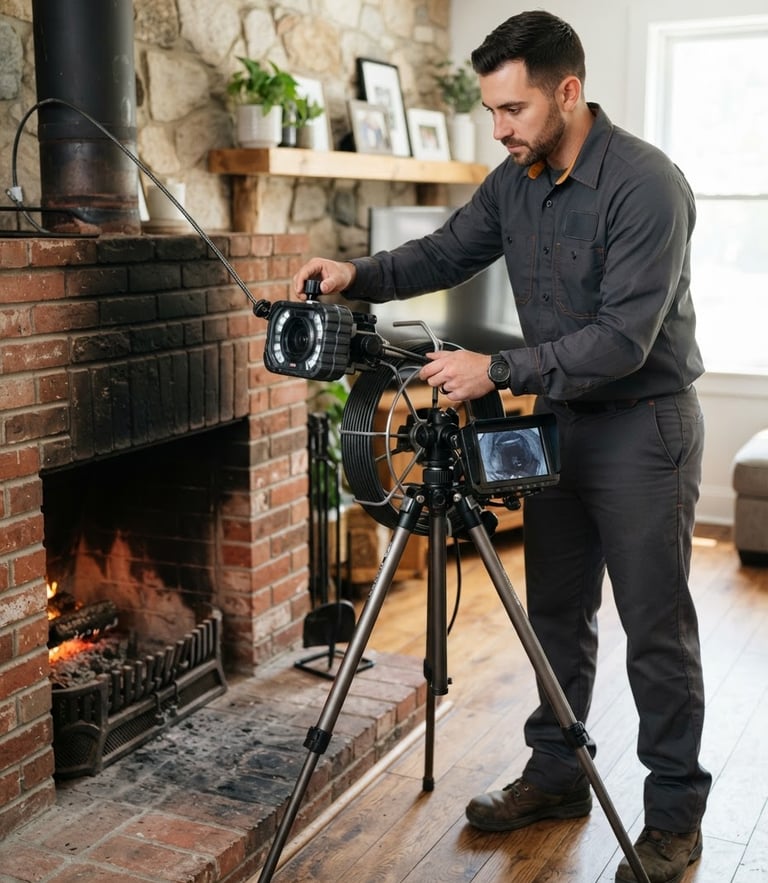 A clean-cut chimney technician in a dark gray uniform adjusting a high-tech chimney inspection camera on a tripod, bright natural daylight, sharp focus, 35mm lens