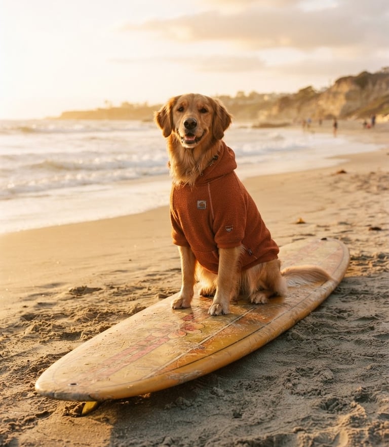 A golden retriever wearing a burnt orange dog hoodie sitting on a vintage surfboard, warm analog film style, golden-hour coastal sunlight.