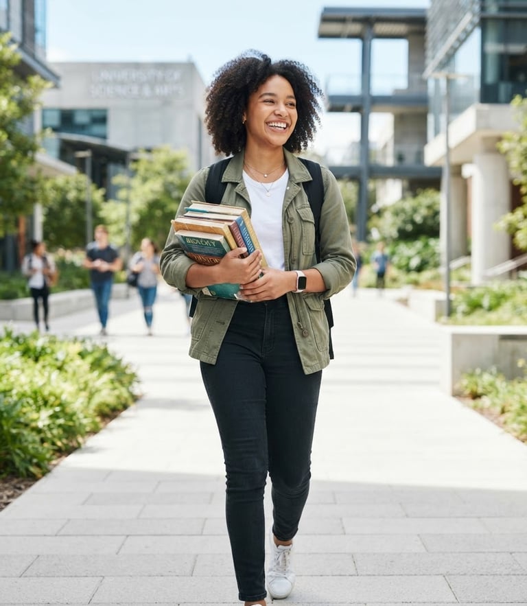 Bright editorial photography of an optimistic young student holding books on a clean modern university campus, natural daylight, 35mm