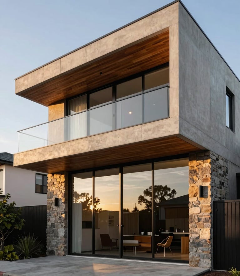 Low-angle architectural elevation of a completed custom Melbourne residence at golden hour, showcasing clean concrete lines, rich timber soffits, and expansive glass facade.