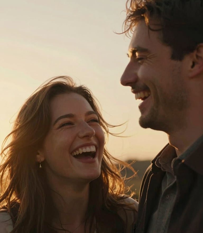 A close-up of a couple laughing, backlit by warm golden hour sun, wind-blown hair, unposed and authentic, cinematic depth of field.
