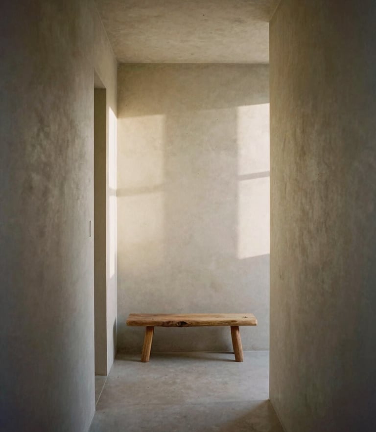 Straight-on architectural photograph of a minimalist residential hallway, soft morning light casting long shadows on microcement walls, a single rustic wooden bench, 35mm film.