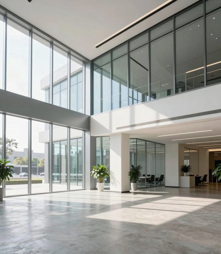Wide architectural shot of a bright, pristine modern corporate office lobby with clean glass panels and concrete floor, morning daylight