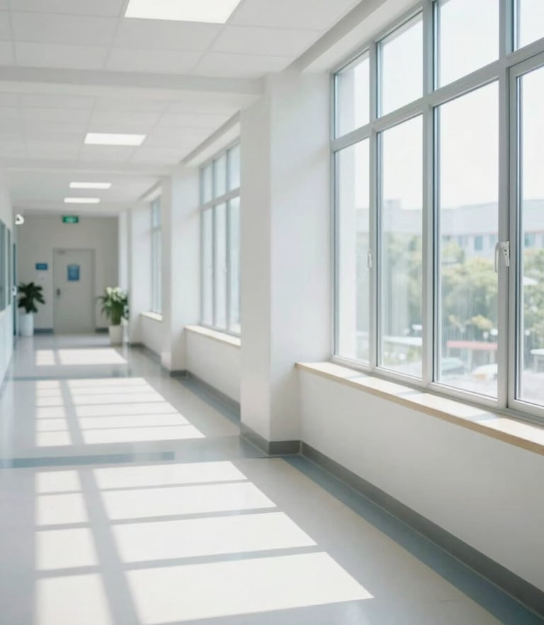 A pristine, sunlit medical clinic corridor with polished floors, clean architectural lines, bright morning daylight filtering through large windows, sharp focus.