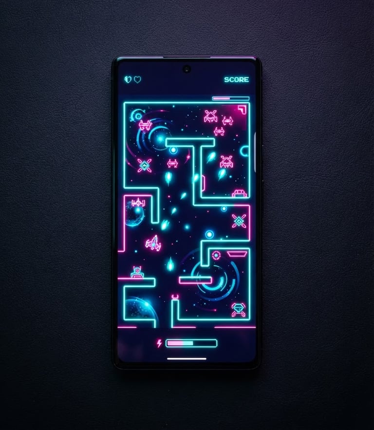 Direct flat-lay device mockup of an Android phone displaying a retro game with neon pink and bright teal vector sprites, high-contrast dark mode background, glowing backlight, sharp digital art.