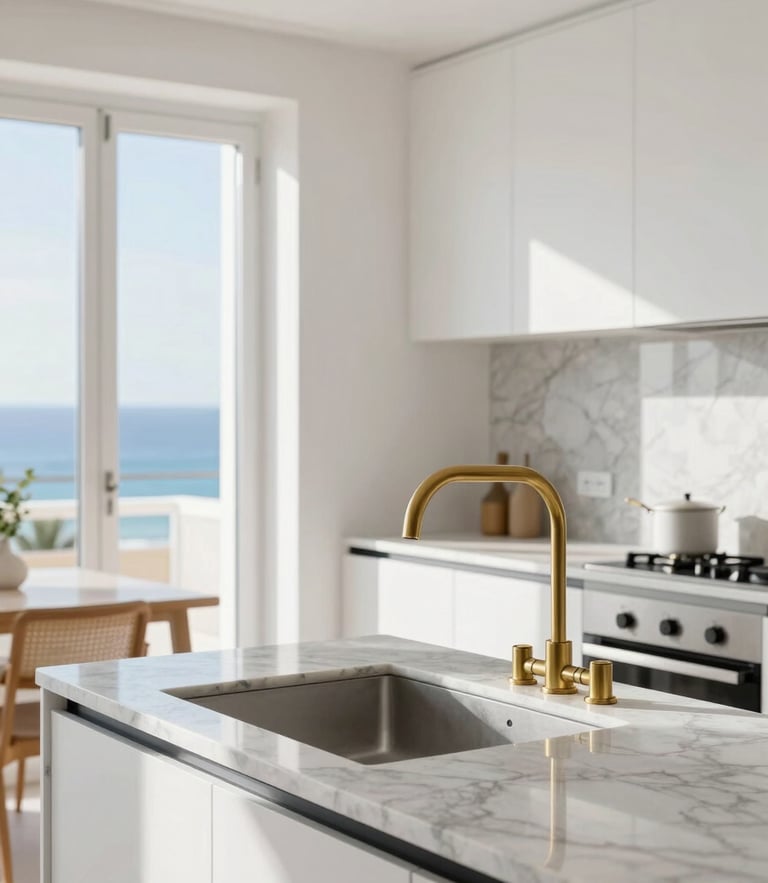 Premium architectural photography of a bright modern Spanish apartment kitchen, natural Mediterranean daylight, clean details of marble countertops and brushed brass fixtures, sharp focus, 35mm
