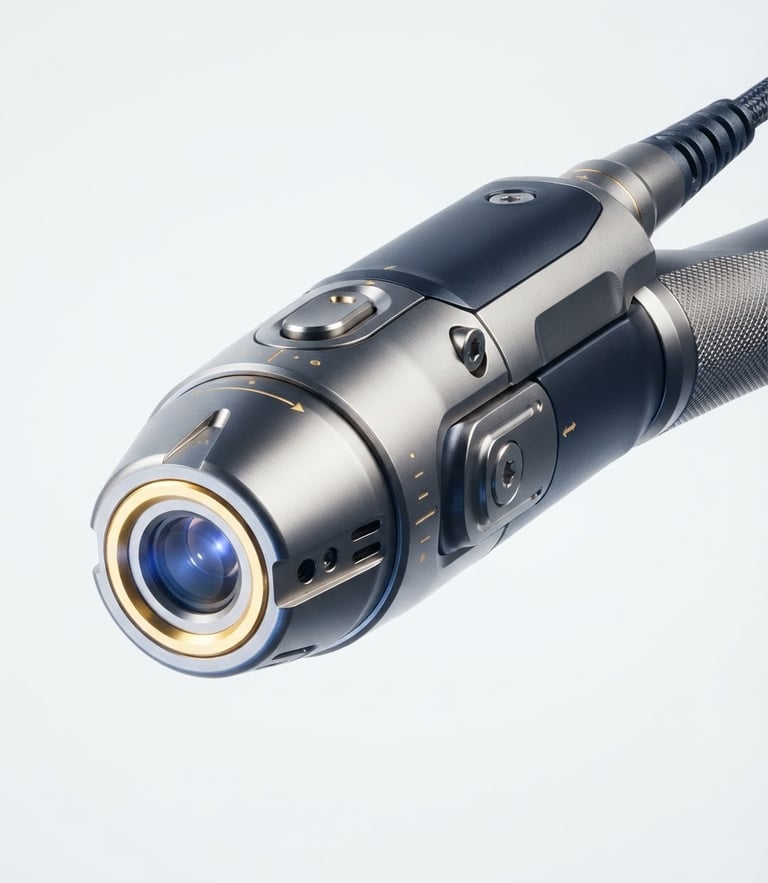 Macro shot of a high-end laser aesthetic equipment handpiece, golden indicators, sleek metallic chassis, clinical white background, studio lighting