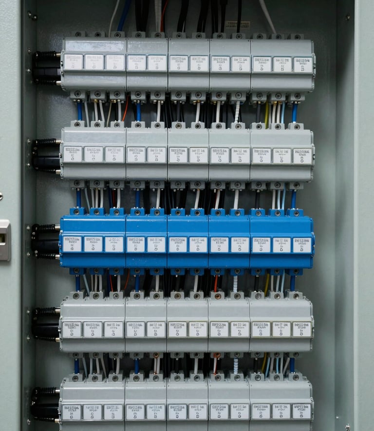 Close-up of a modern industrial electrical panel, perfectly organized blue and gray wiring, labeled terminals, clean layout, sharp focus, cool technical laboratory lighting, symmetric straight-on angle, high precision engineering.