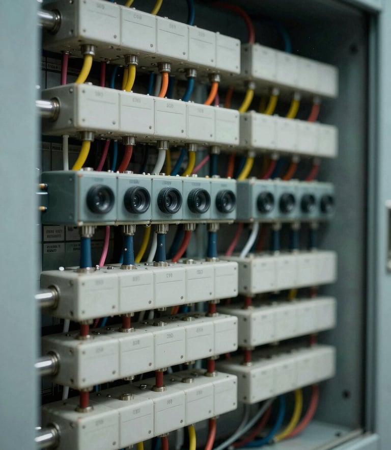Close-up simétrico de um painel elétrico industrial com cabeamento impecavelmente organizado e componentes eletrônicos sob luz técnica fria.