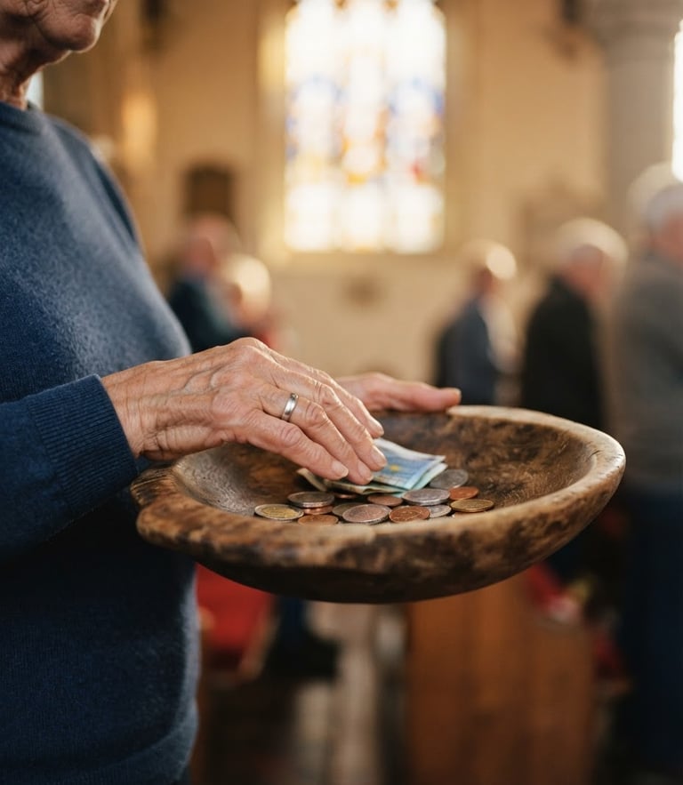 A close-up of hands holding a handcrafted wooden offering plate, warm morning light filtering through a church window, soft focus, 35mm lens