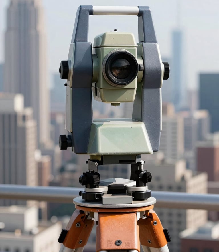 High-precision electronic theodolite on a tripod over a city skyline, sharp architectural photography, bright daylight, high contrast, 35mm lens