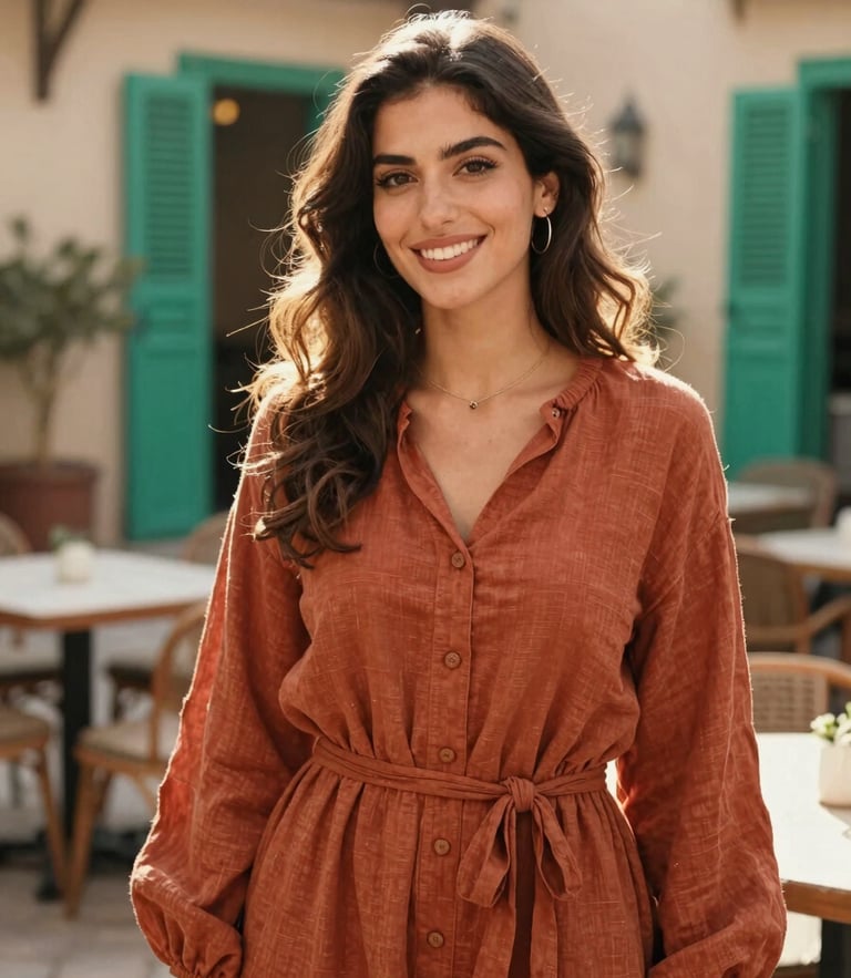 A warm, sun-drenched portrait of a modern Moroccan woman smiling in a Rabat cafe courtyard, wearing a terracotta linen dress, soft golden-hour lighting, medium format film.