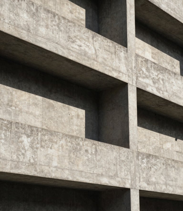 Strict eye-level perspective of a brutalist concrete building facade, harsh mid-afternoon sun casting long geometric shadows across the raw concrete surface, sharp lines, minimal composition.