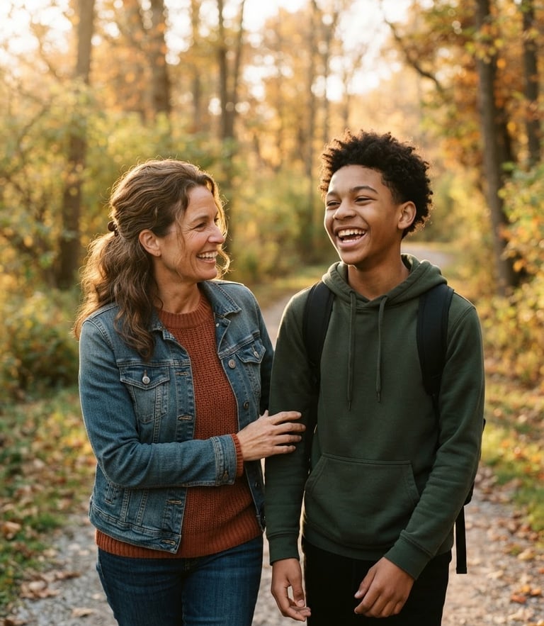 Warm candid portrait of an adult mentor and a teenage boy laughing together outdoors in an Ohio park, golden hour sunlight, shallow depth of field, 35mm lens.