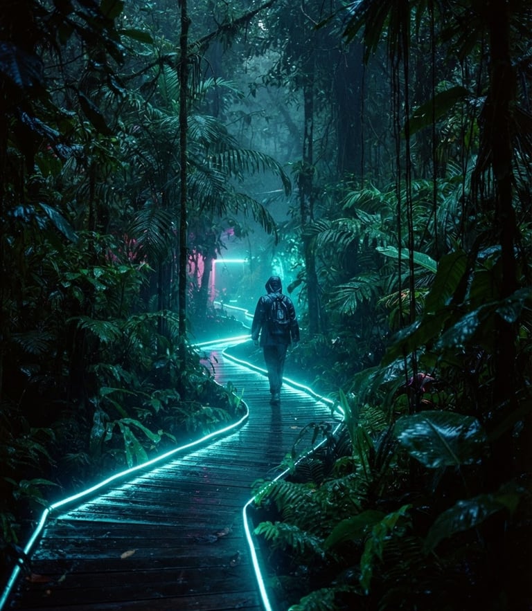 Moody cinematic film photography of a misty tropical jungle at twilight, neon-rimmed night lighting casting cyan glows on wet leaves, anamorphic lens, 35mm grain