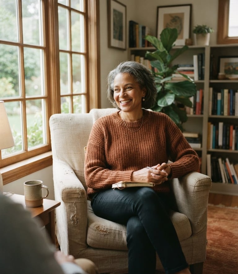 A warm unposed portrait of a therapist sitting in a comfortable linen armchair by a window with soft, natural morning light, 35mm film style