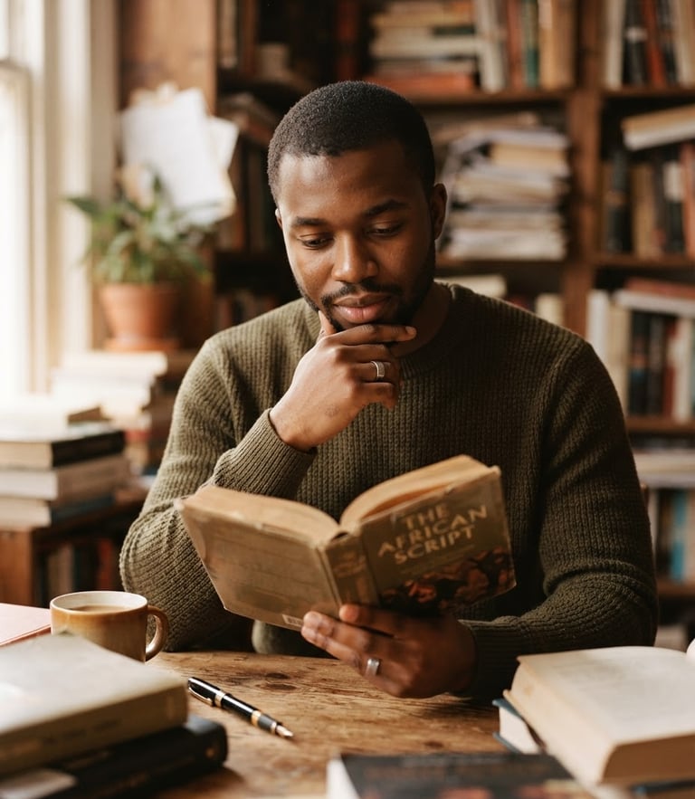 Medium-close portrait of Emmanuel Okhiaro in quiet study, warm natural window light, rich earthy tones, shallow depth of field, 35mm