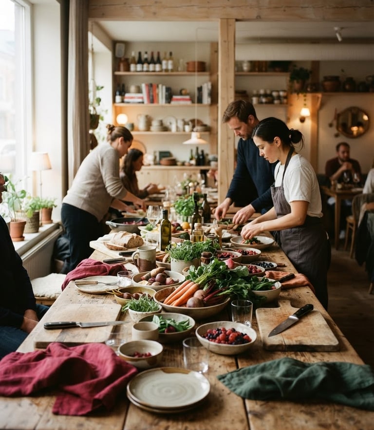 A cozy Scandinavian-style restaurant interior, soft diffused side-light, long wooden table with raw ingredients, rich crimson and forest tones, 35mm photography
