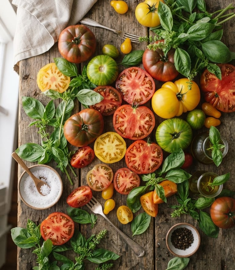 Overhead flat-lay of raw heirloom tomatoes and fresh basil on a rustic wooden table, soft diffused daylight casting long natural shadows, 35mm photography