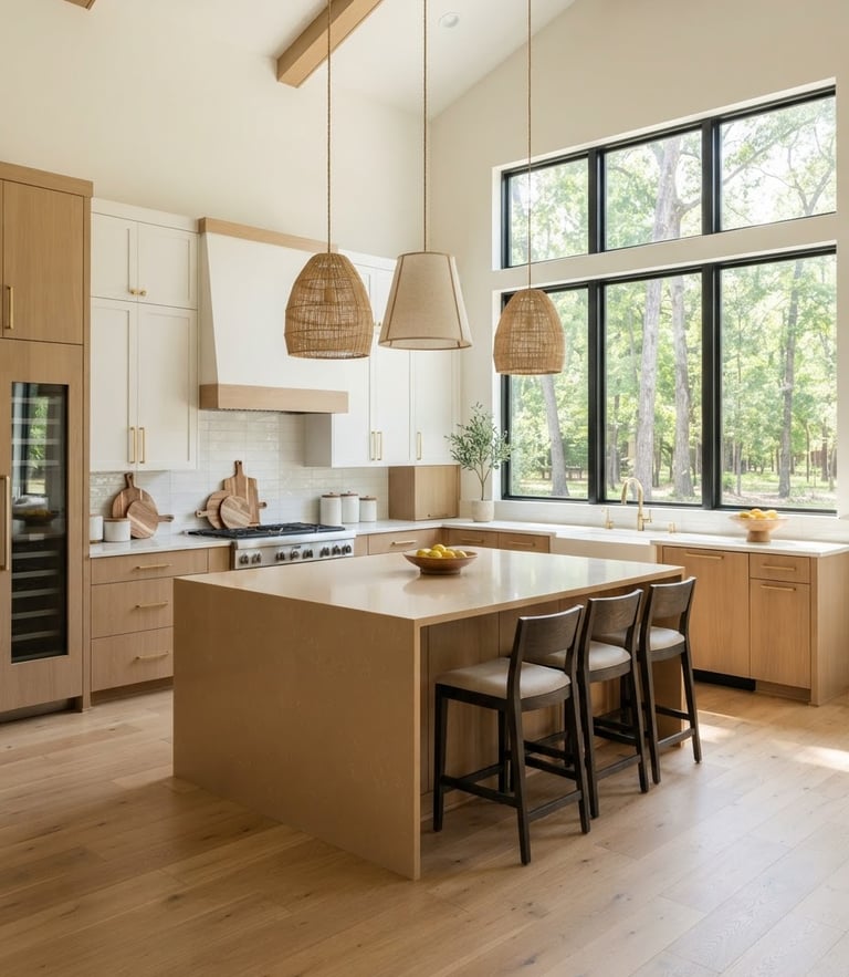 Bright, airy kitchen interior of a modern home in The Woodlands, natural daylight streaming through large windows, warm sand accents on the kitchen island, clean architectural lines, sharp focus.