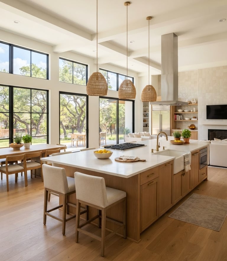 Bright modern kitchen interior with warm wood accents, natural daylight streaming through large windows, clean Texas suburban architecture, wide-angle
