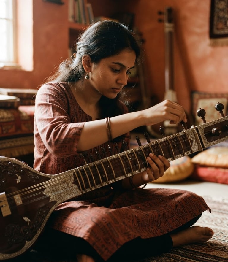 Close-up portrait of a student in deep concentration tuning a sitar, warm directional indoor light, rich terracotta and ink tones, shallow depth of field, 35mm photography