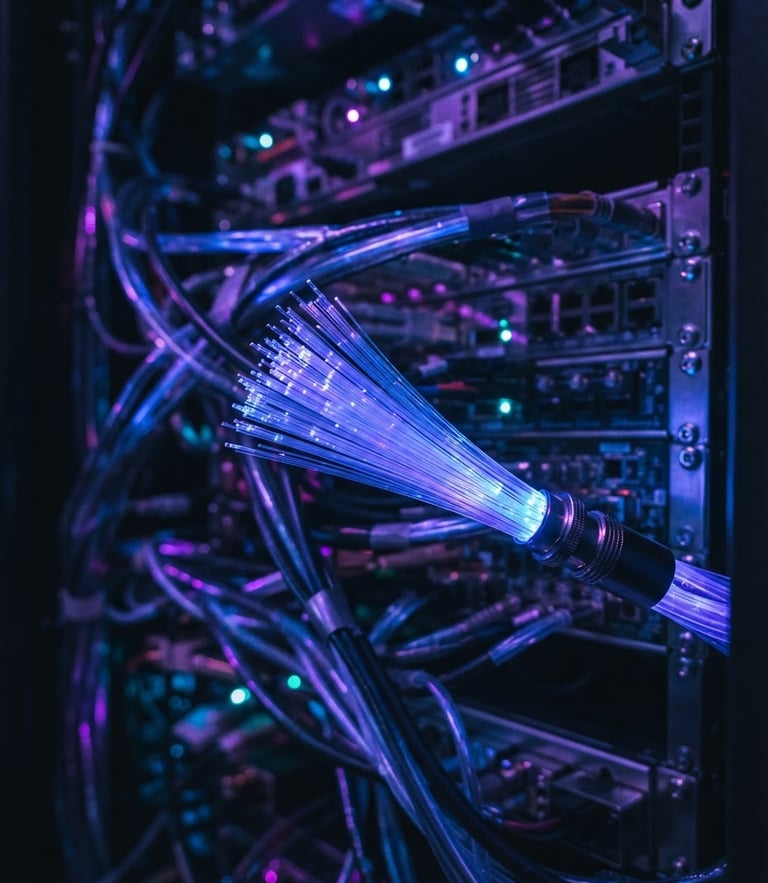 Macro shot of glowing fiber optic cables transmitting blue and purple light, dark metallic background, shallow depth of field, sharp focus, 85mm lens.