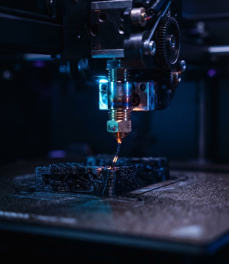 Macro close-up of a high-precision 3D printer nozzle extruding carbon fiber with sharp blue LED highlights, dark moody atmosphere, 85mm lens