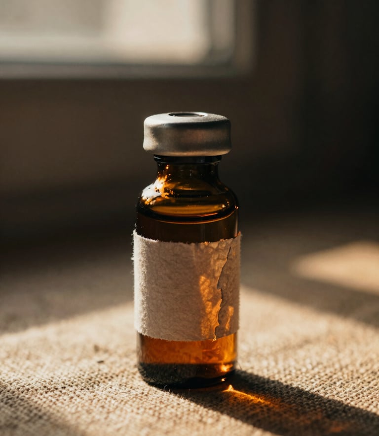 Macro close-up of a dark amber glass vial with a hand-torn textured paper label resting on raw linen, dramatic chiaroscuro lighting, warm golden-hour shadows.
