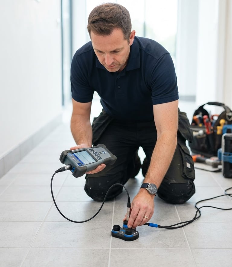A professional plumber operating a high-tech acoustic leak detector on a clean tiled floor, white bright daylight, premium blue accents, 35mm