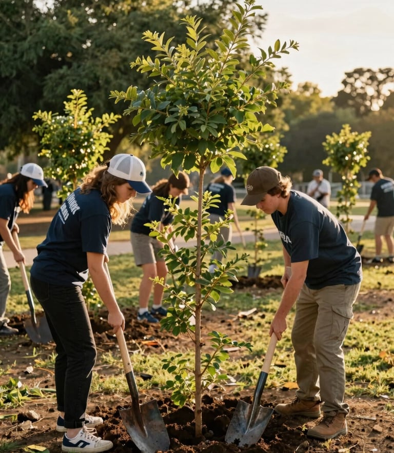 A warm golden-hour candid photo of Fallbrook volunteers planting native trees in a local park, shovels in hand, rich green foliage, 35mm lens