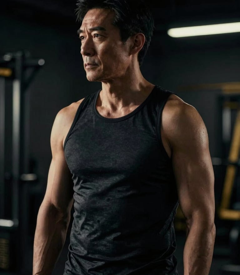 moody cinematic photography, dramatic low-key lighting, mature fit man in his 40s in a high-end athletic setting, side-lit, dark background, 35mm