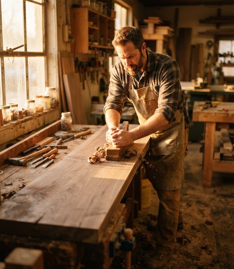 Warm editorial photography of a craftsman hand-planing a massive walnut timber slab in a sunlit workshop, low-angle golden-hour sunlight, rich natural wood tones, shallow depth of field, 35mm
