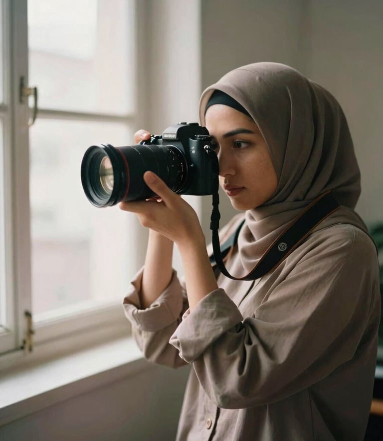 A professional Muslim woman photographer adjusting her camera lens in a sunlit studio, warm window light, muted tones, 35mm style