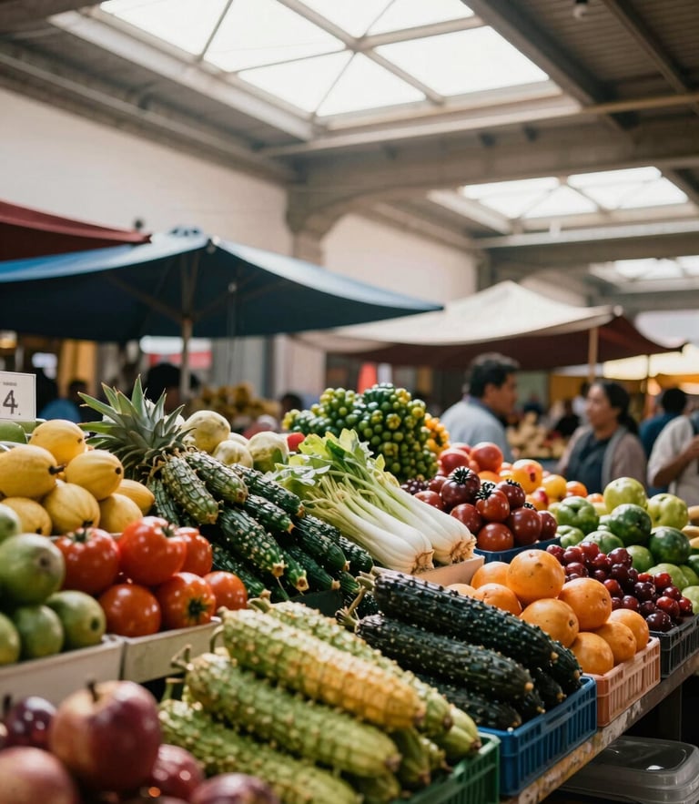 Warm editorial photography of a traditional CDMX public market stall with colorful produce, natural morning light filtering through the skylight, 35mm