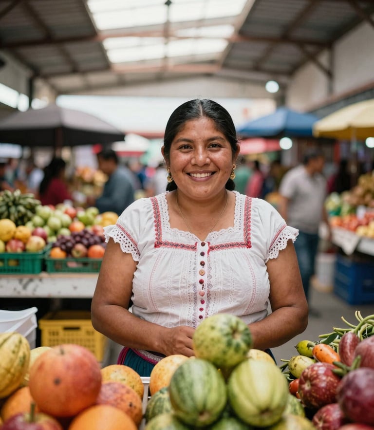 Warm editorial portrait of a smiling Mexican market vendor in her colorful fruit stall, natural market skylight, warm tones, 35mm