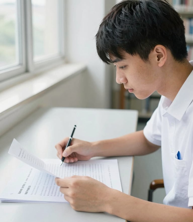 A focused high school student analyzing mock test papers in a brightly lit, clean library, soft natural daylight, 35mm photography