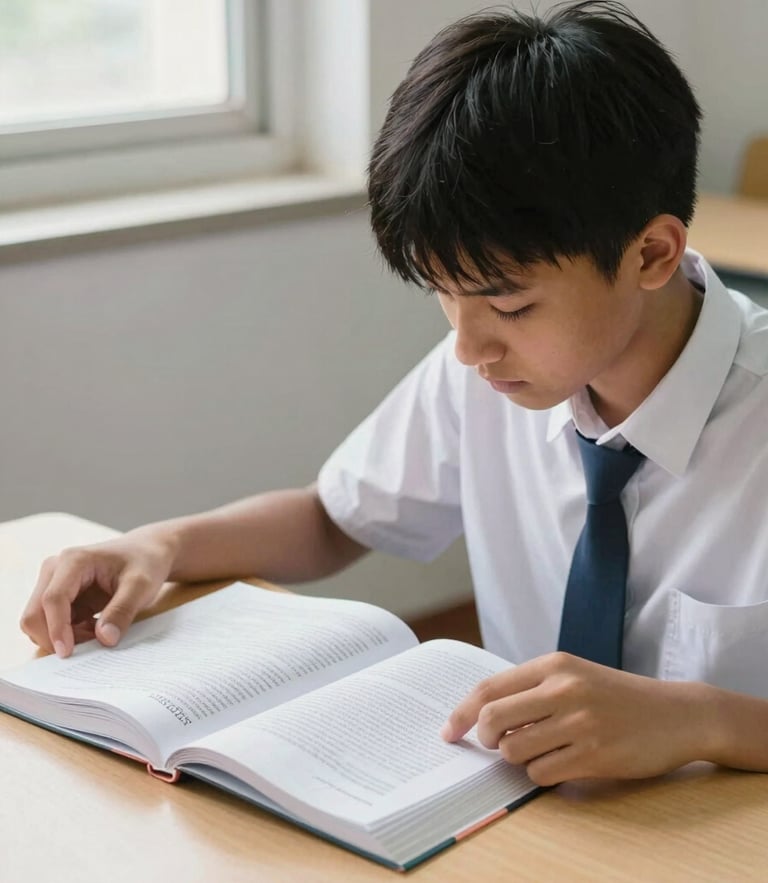 A focused high school student analyzing an open NCERT biology textbook on a clean wooden desk, bright natural daylight from a side window, crisp details, 35mm photography.
