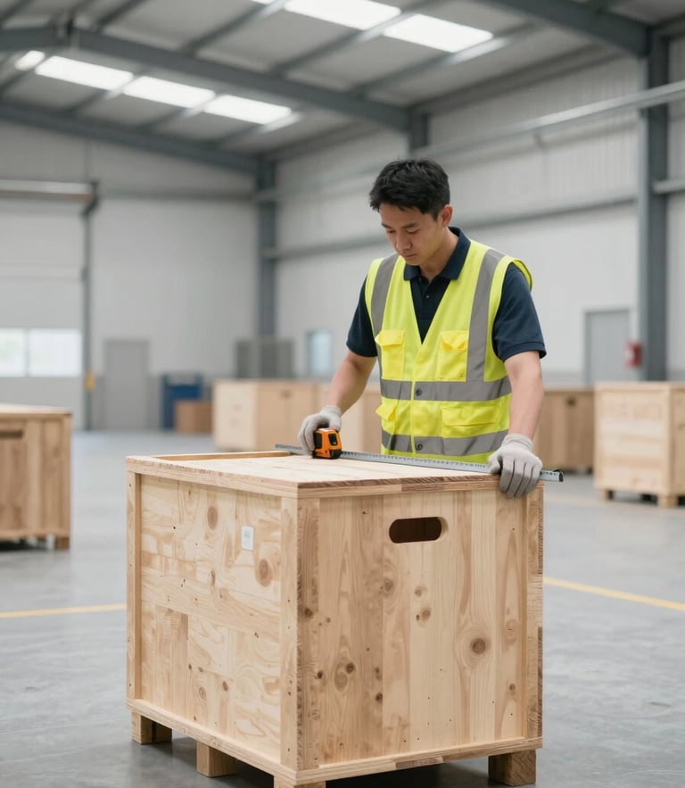 Crisp industrial photography of a clean warehouse interior, a worker in a safety vest measuring a wooden shipping crate with steel tape, bright overhead daylight