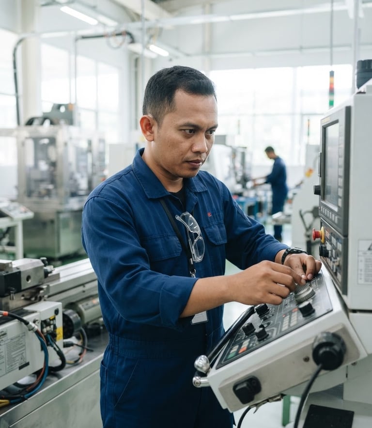 Close-up of Indonesian industrial worker in clean blue uniform adjusting machinery, bright high-key lighting, professional setting