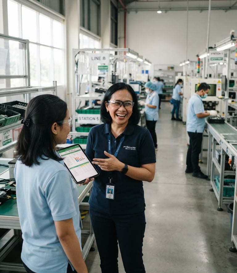 Professional Indonesian operations manager in a clean factory environment, discussing workforce planning, natural daylight, sharp focus, 35mm lens