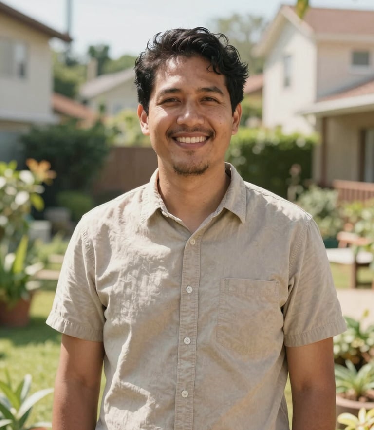 Warm natural daylight portrait of a community leader standing in a sunlit neighborhood garden, shallow depth of field, 35mm lens
