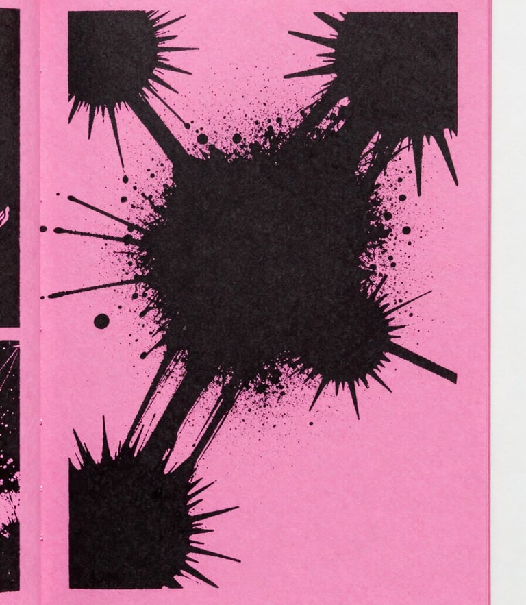 High-contrast photocopied zine cover flat-lay, harsh neon pink highlights, heavy black ink splatters on textured paper