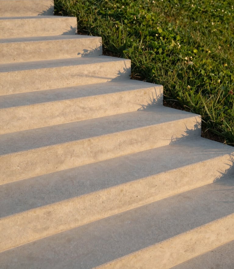 Low-angle golden hour shot of pristine board-formed concrete steps cascading into a manicured luxury lawn, architectural concrete texture highlighted by shadows