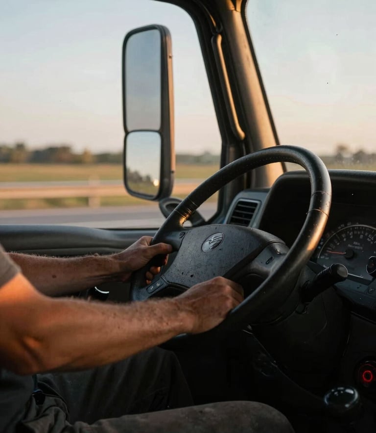Close-up of a professional truck driver's hands on a large steering wheel, natural daylight filtering through the cabin window, gritty industrial feel